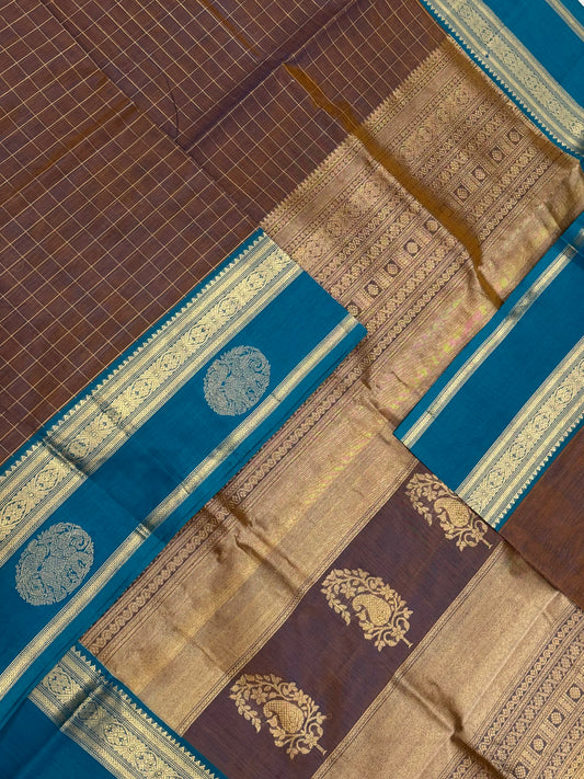 Kanchi Silk Cotton Sarees | kattam x yaanai mayil Zari border | twotone brown x sky blue zari border | NKV20