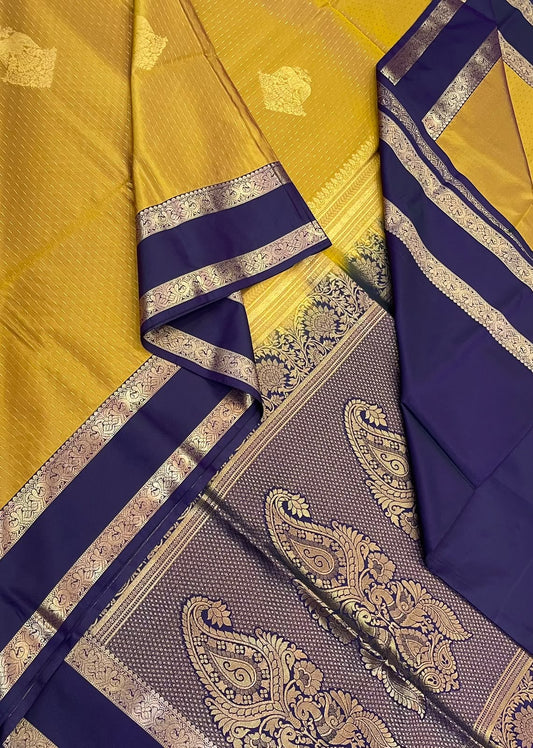 Vegan Silk Sarees Online | yellow x Violet | eruthalapakshi x rettaipet border
