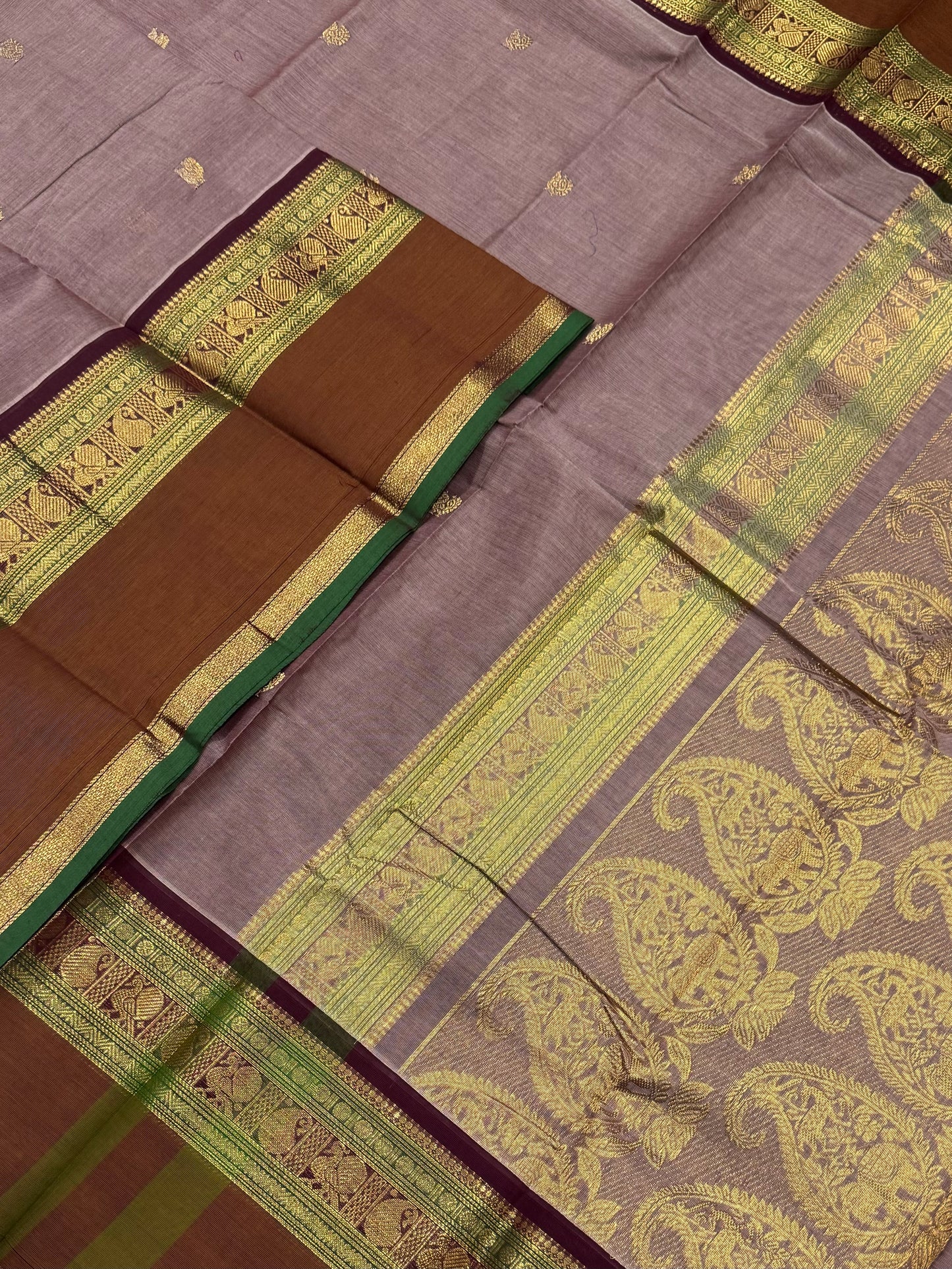Kanchi soft cotton | biscuit brown X rust orange | rich pallu x rettaipet border