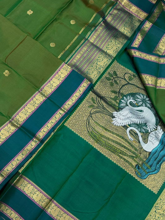 Pure Kanjivarams | green X peacock green | jodi annam (swan) master weave Palau