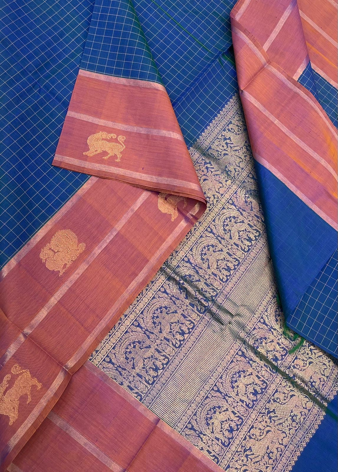 Kanchi Silk Cotton Sarees | zari annam yhazli border x thread kattam  | peacock blue X gold
