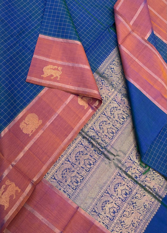 Kanchi Silk Cotton Sarees | zari annam yhazli border x thread kattam  | peacock blue X gold