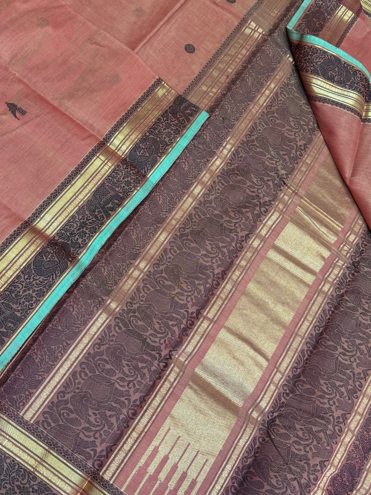Pure Handloom Kanchi rich Cotton Saree | rich thread woven border x killi butta | pastel orange x teal