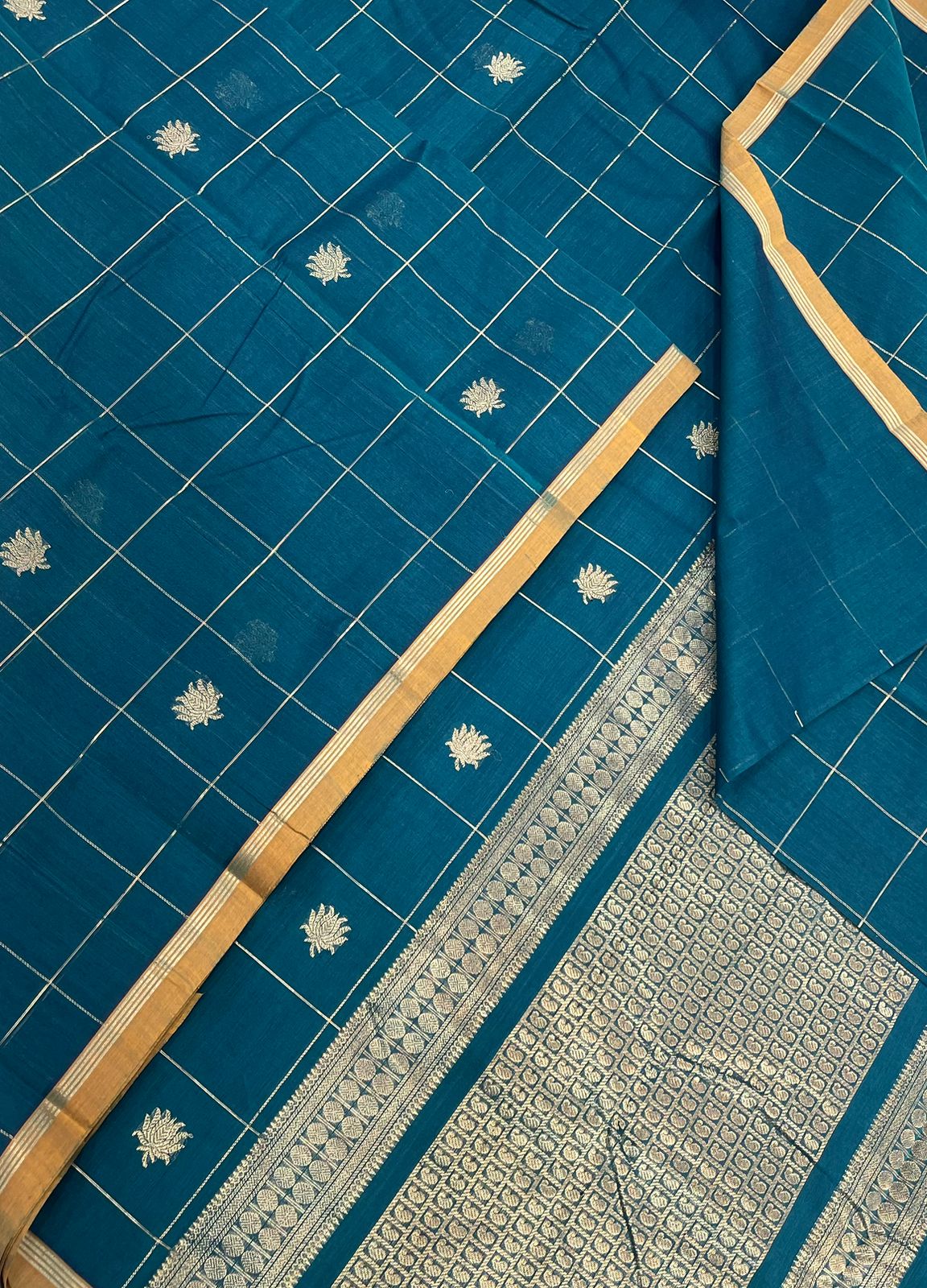 Kanchi handloom rich cotton |kattam butta x lotus x oosi kattam border | blue x mustard
