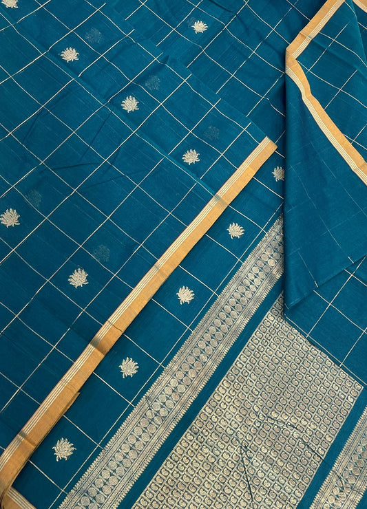 Kanchi handloom rich cotton |kattam butta x lotus x oosi kattam border | blue x mustard