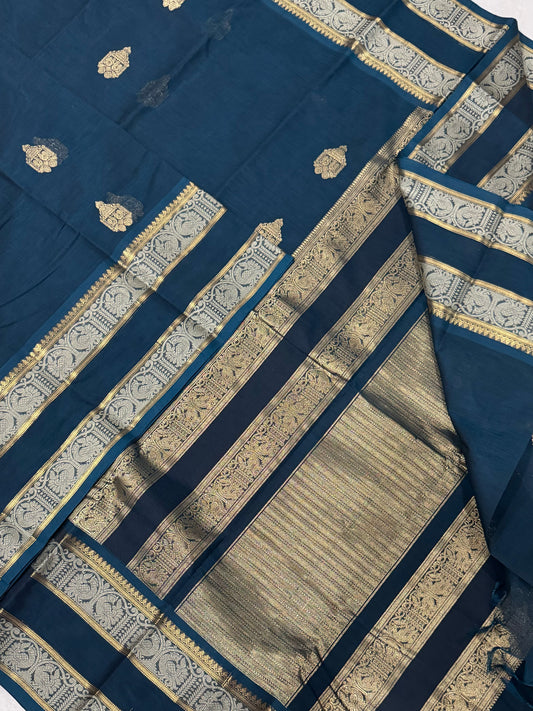 Pure Handloom Kanchi rich Cotton Saree | thaer butta X  zari | cyan blue X gold | intricate rich zari woven Pallu