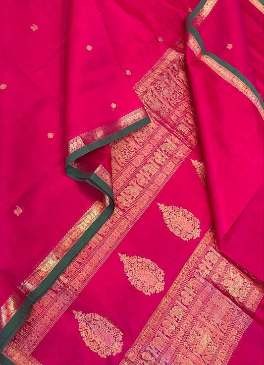 Kanchi Silk Cotton Sarees | luxury silk cotton | tiny border | pink x green