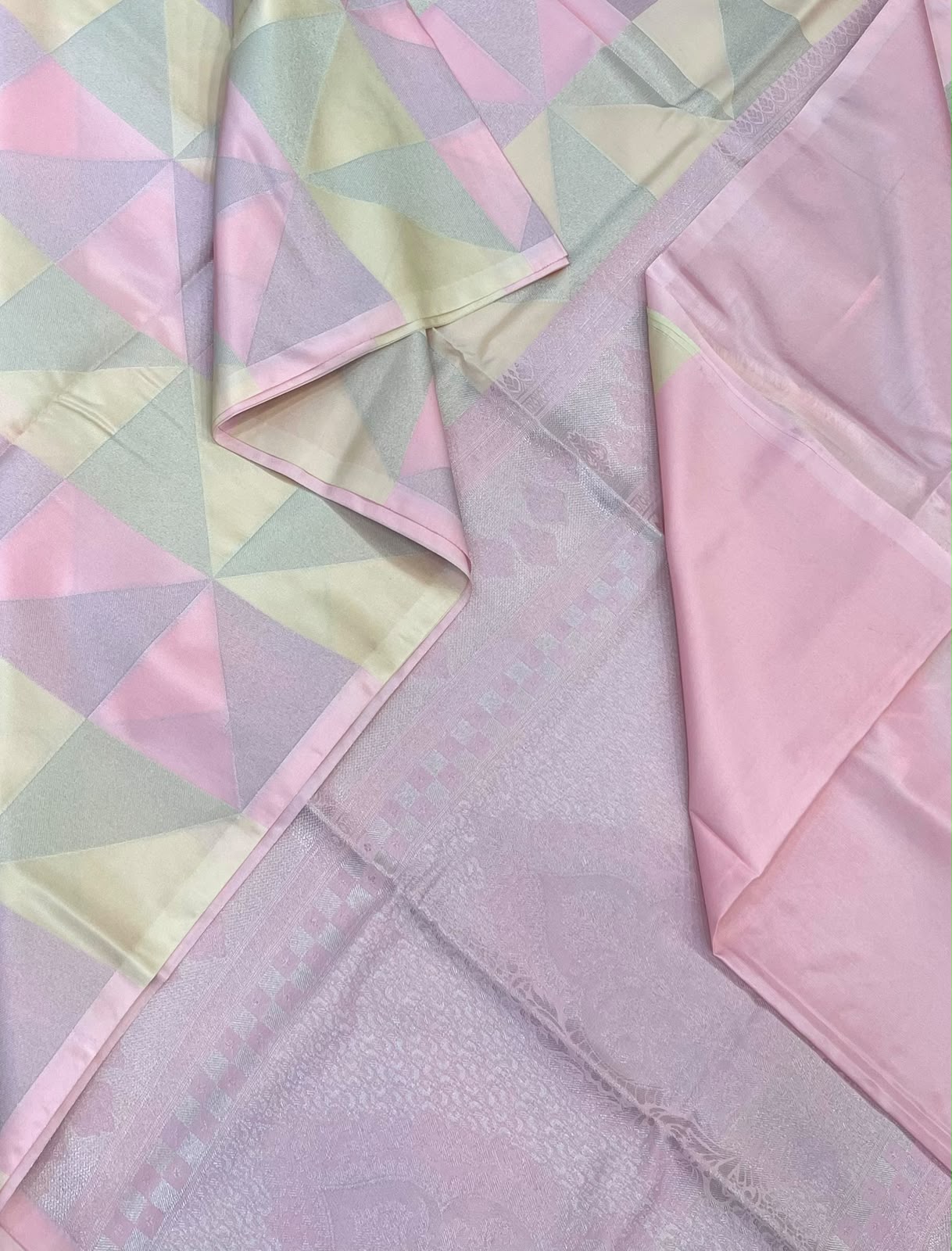 Vegan Silk Sarees Online | geometric pattern | pastel pink X pastel yellow