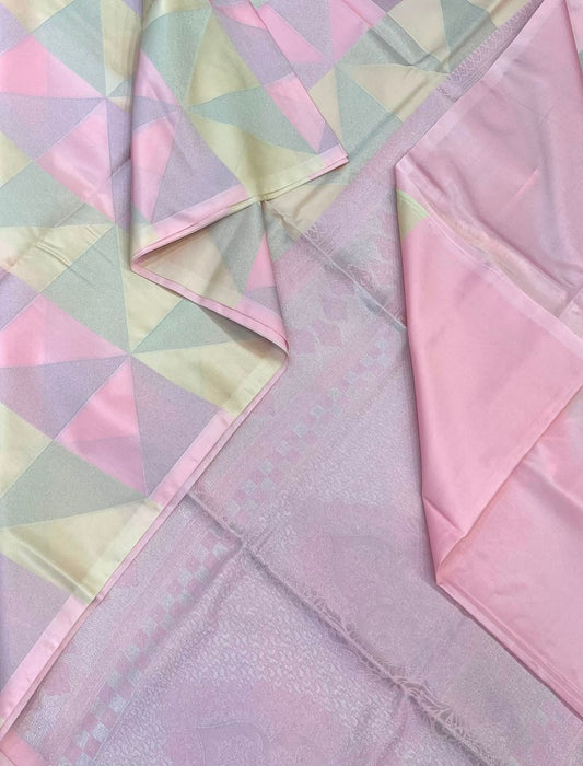 Vegan Silk Sarees Online | geometric pattern | pastel pink X pastel yellow