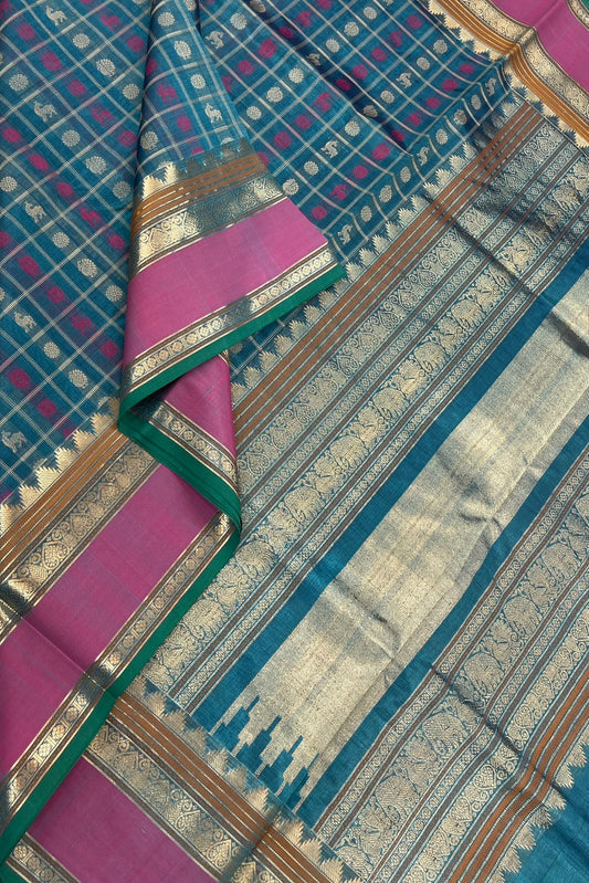 Kanchi Silk Cotton Sarees | 1000 butta x maan mayil | skyblue x pink rettaipet zari border | NKV20