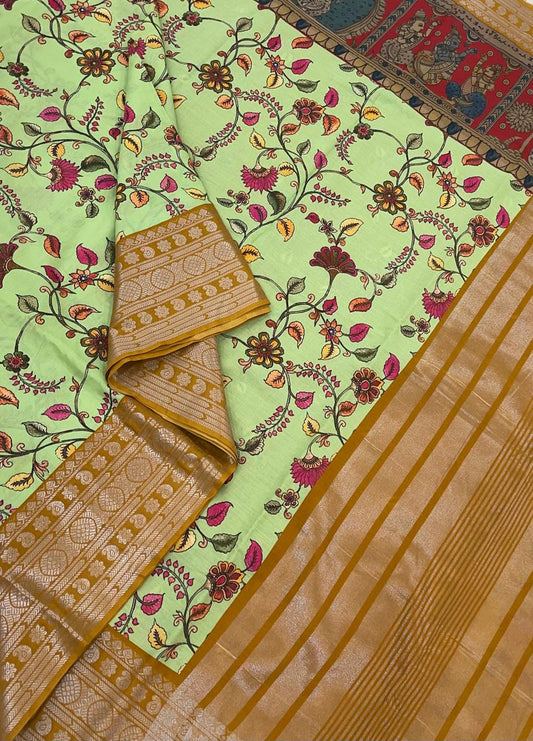 Ponduru soft Cotton silk | storytelling saree X floral| green X mustard |NKV27
