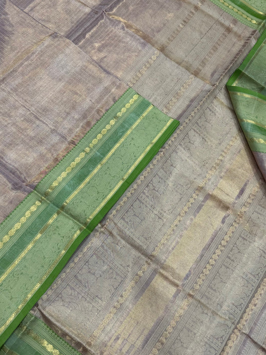 Kanchi Tissue Silk Cotton Sarees | shiny beige X green | NKV100