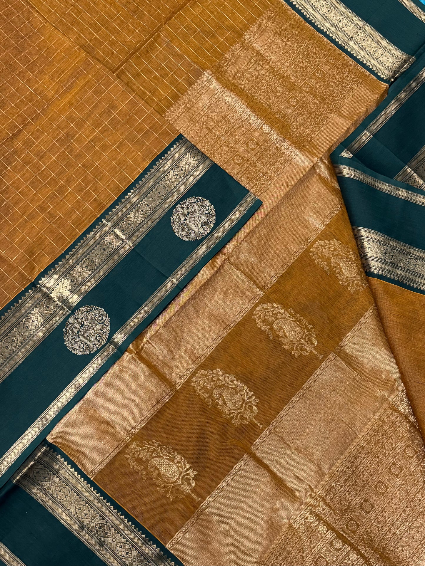 Kanchi Silk Cotton Sarees | kattam X yaanai mayil Zari border | mustard x green zari border | NKV20