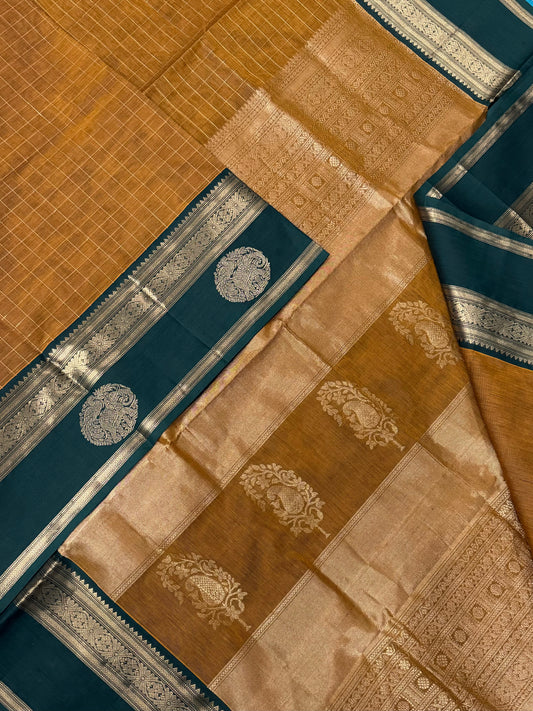 Kanchi Silk Cotton Sarees | kattam X yaanai mayil Zari border | mustard x green zari border | NKV20