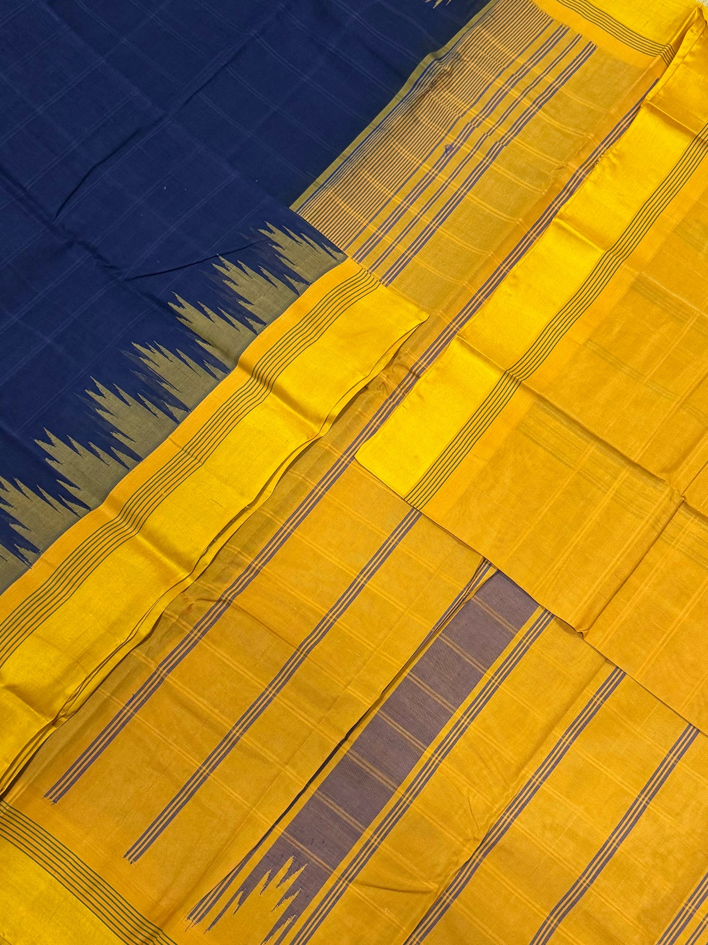 Pure Handloom Kanchi rich Cotton Saree | cotton body X silk border | navy blue x Manjal | silk woven border | NKV12