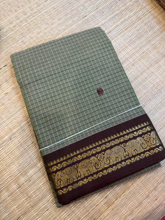 Kanchi soft cotton | pastel green x brown | kattam x tiny Zari border