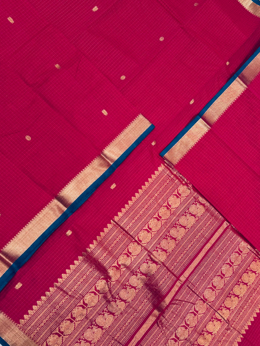 Pure Handloom Kanchi rich Cotton Saree | tiny Zari border X  kattam butta| pink X blue | intricate Zari woven Pallu