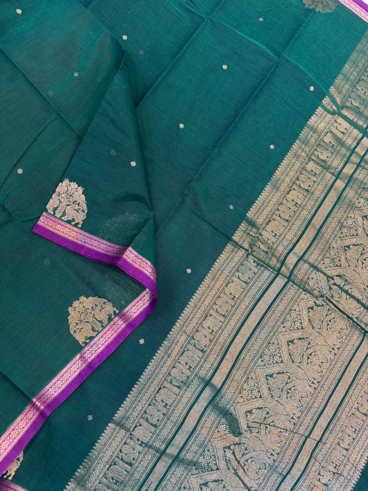 Pure Handloom Kanchi rich Cotton Saree | tiny Zari border | twotone peacock x violet | rich sorgavasal Zari Pallu