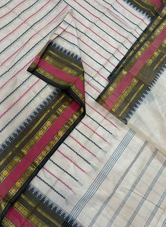 Pastel kanchi soft cotton | white X pink X black | veldhari X zari border