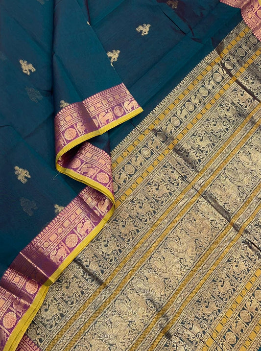 Kanchi mercerised soft cotton |rich zari border x maan butta| blue x manjal| MC10