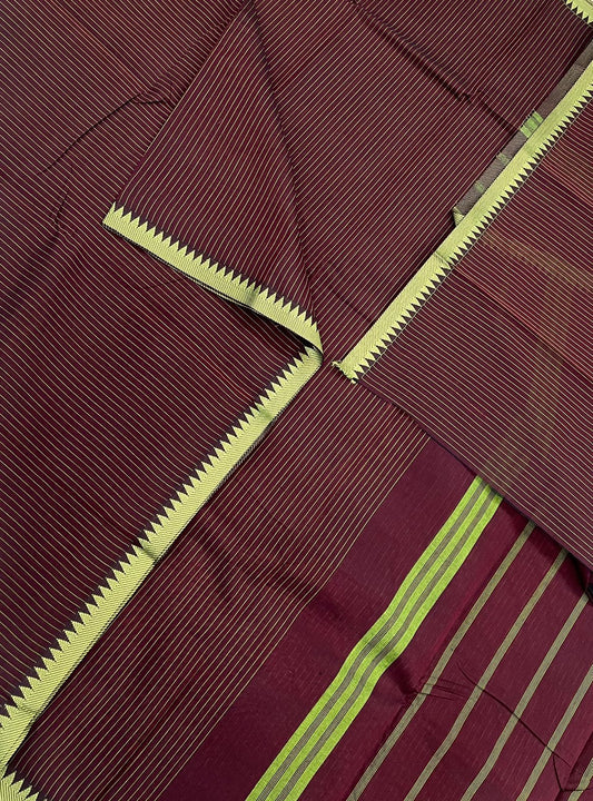 Kanchi soft cotton |tiny temple  x  tiny thread border | kattam lines x burgundy x green