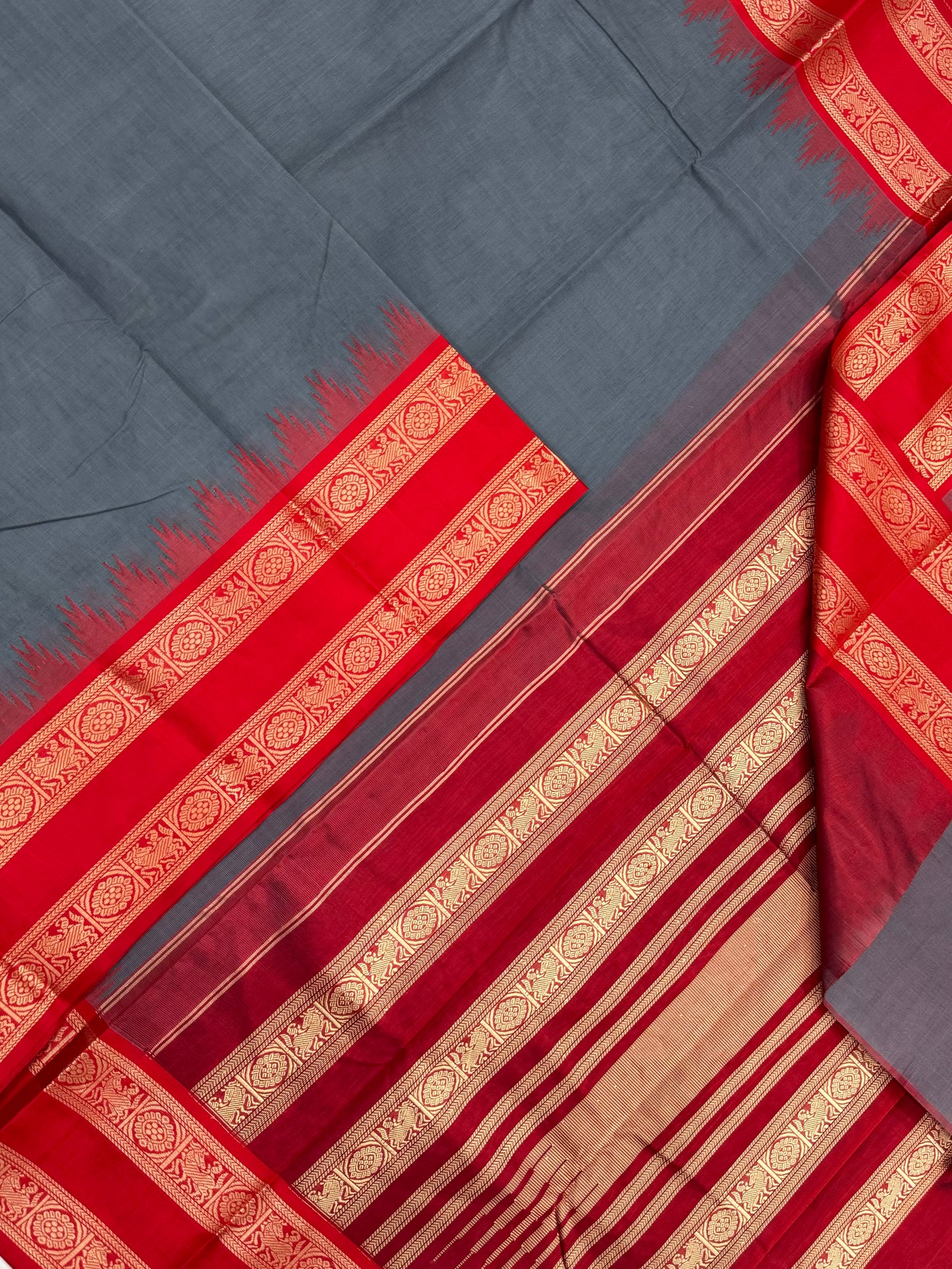 Pure Handloom Kanchi rich Cotton Saree | cotton body X silk border | grey x red | rettaipet temple border | NKV12