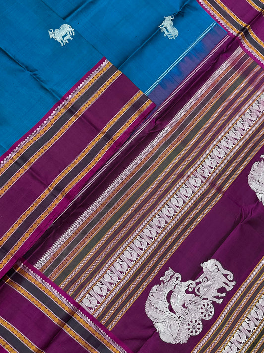 Pure Kanjivarams | zero zari | gomatha X thaer pallu butta |blue x dark pink  | Handwoven luxury x 4 ply master weave | NKV35