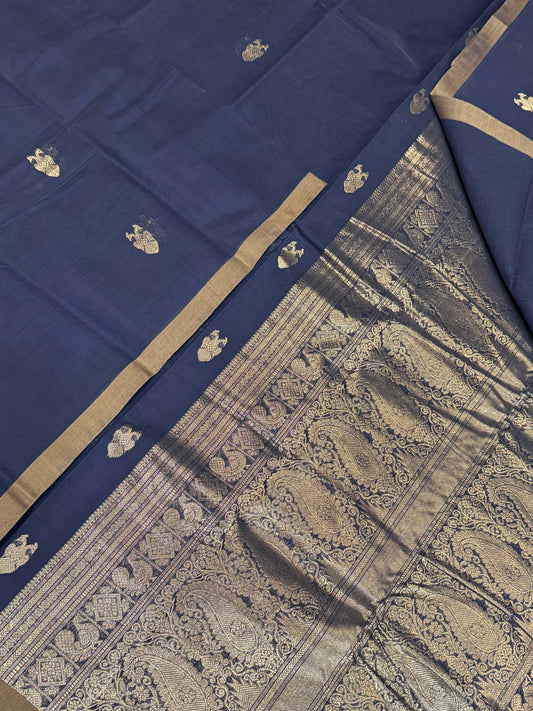 Pure Handloom Kanchi rich Cotton Saree | tiny border x eruthalapakahi motif | black x beige x gold