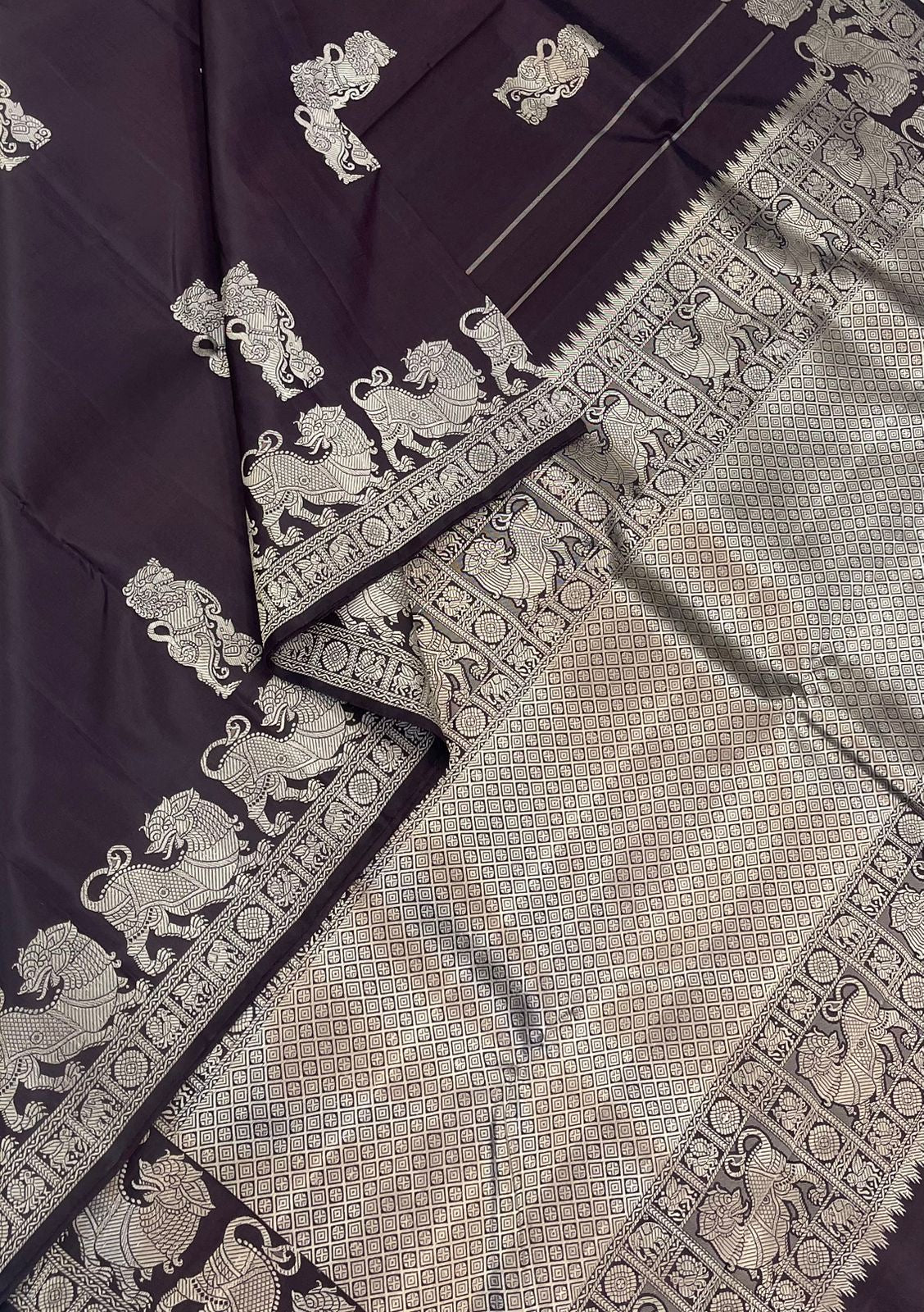 Pure Kanjivarams | zero zari | Shimla yhazli |dark brown | Handwoven luxury x 4 ply master weave | NKV35