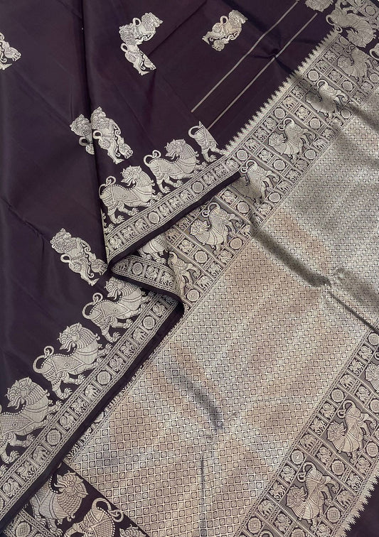 Pure Kanjivarams | zero zari | Shimla yhazli |dark brown | Handwoven luxury x 4 ply master weave | NKV35