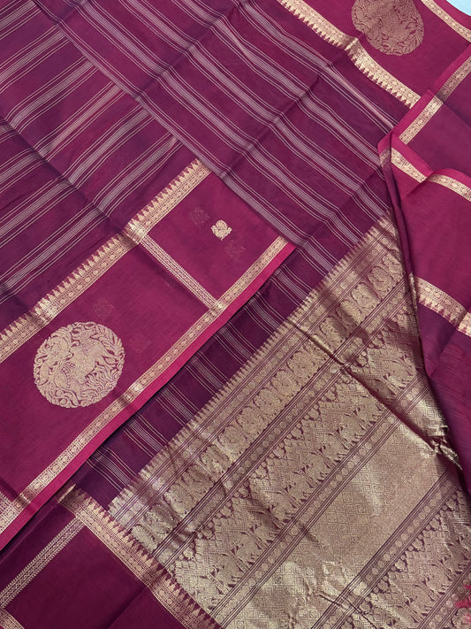 Pure Handloom Kanchi rich Cotton Saree | veldhari x gomadha butta X  mayil | marron X gold | intricate rich thread woven Pallu