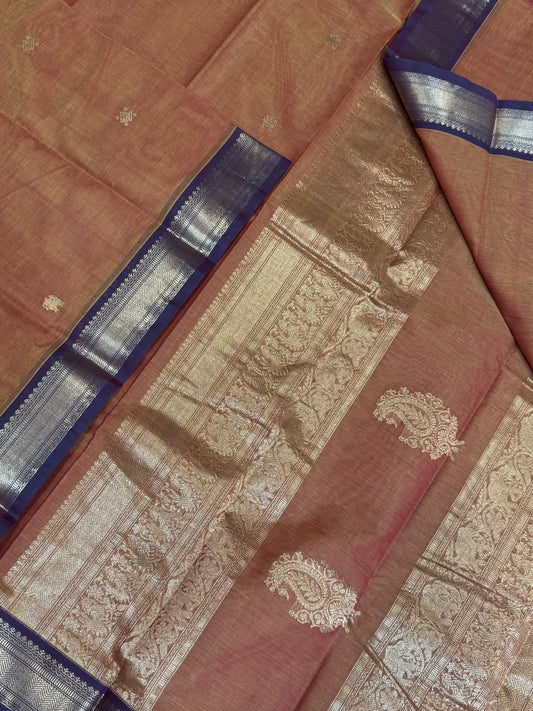 Pure Handloom Kanchi rich Cotton Saree | rich zari border x tiny motif | orange x violet