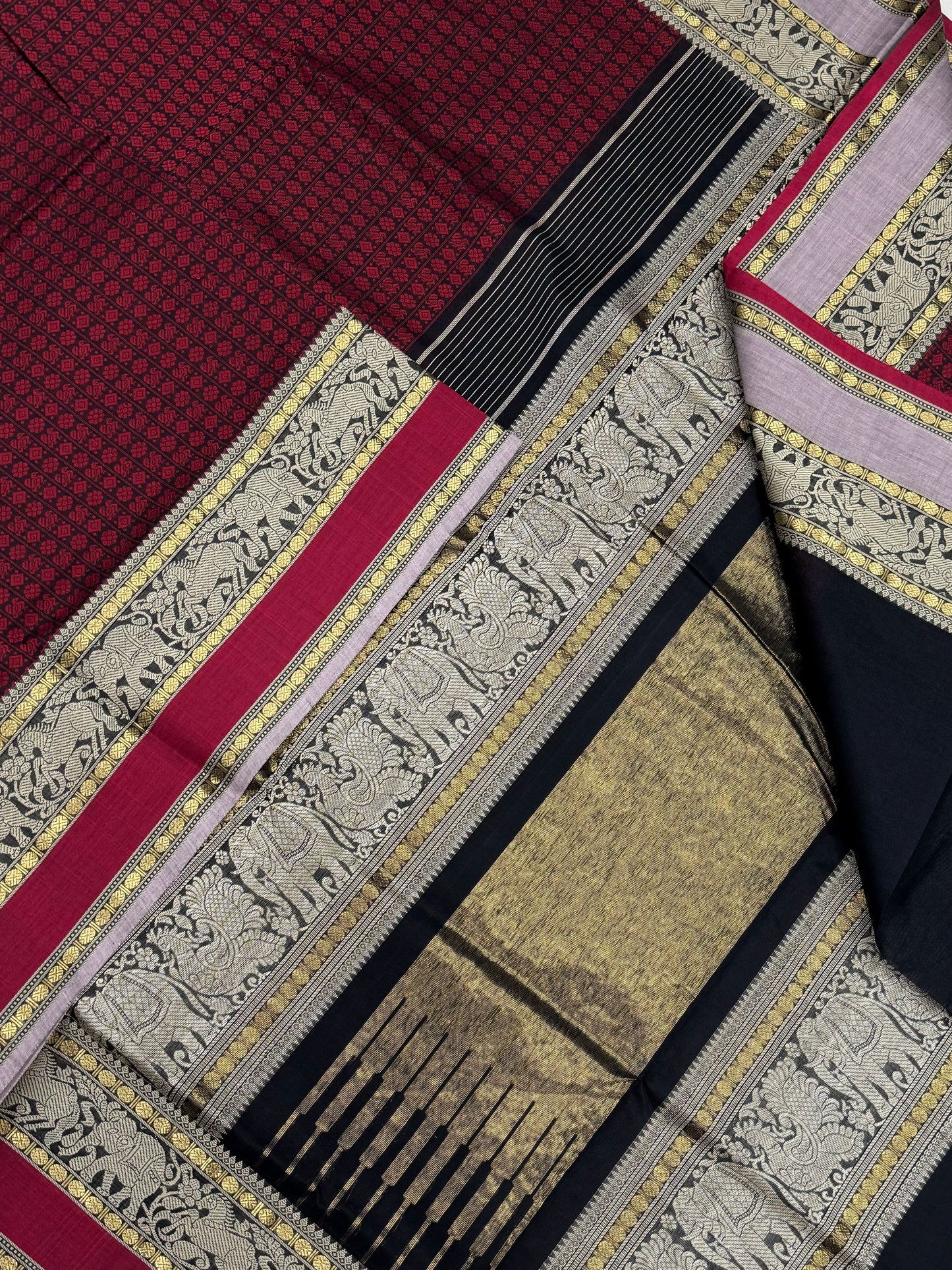 Pure Handloom Kanchi mercerised rich Cotton Saree | 20000 BUTTA X Ganga Jamuna | black x red X lavendar