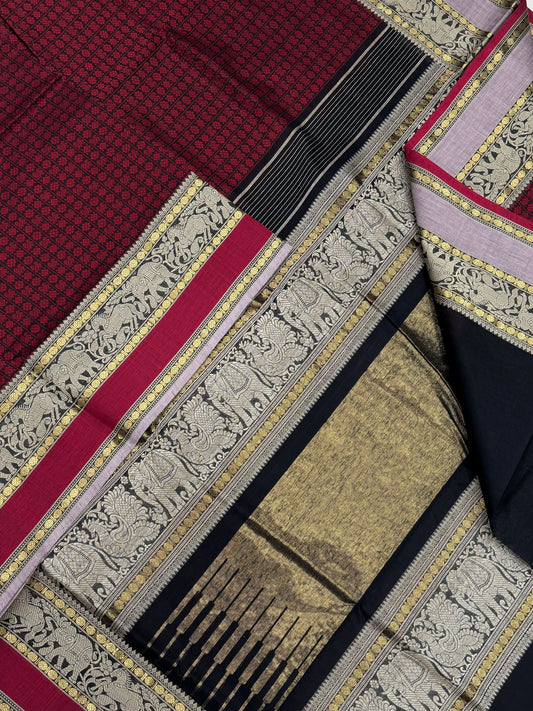 Pure Handloom Kanchi mercerised rich Cotton Saree | 20000 BUTTA X Ganga Jamuna | black x red X lavendar