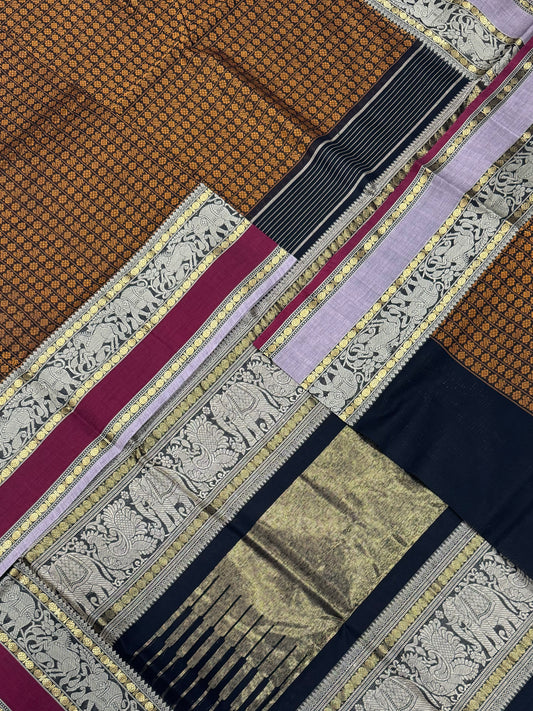 Pure Handloom Kanchi mercerised rich Cotton Saree | 20000 BUTTA X Ganga Jamuna | mustard x black X red X lavendar