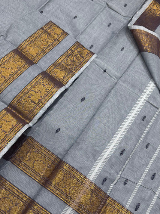 Kanchi soft cotton | grey X gold | rich rettaipet Zari border