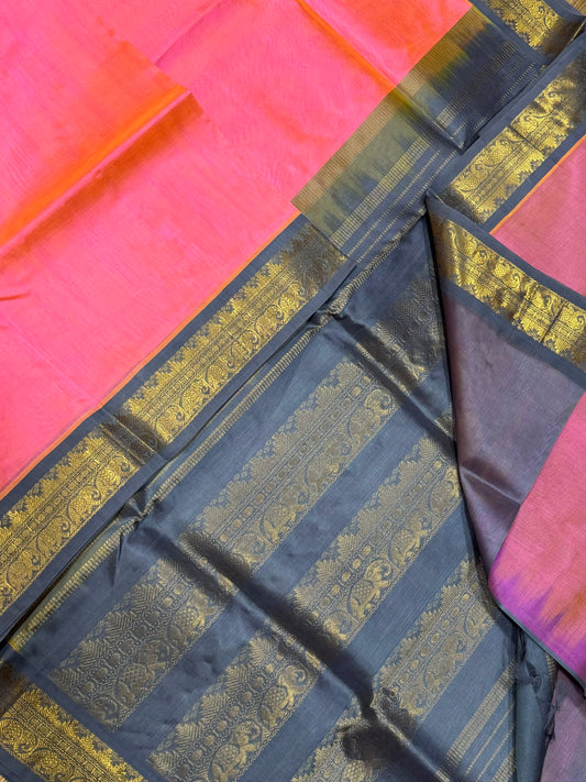 Kanchi Silk Cotton Sarees | luxury korvai silk cotton | twotone pink X grey border