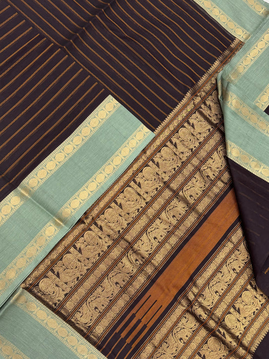 Kanchi Silk Cotton Sarees | veldhari X rettaipet |dark brown X teal