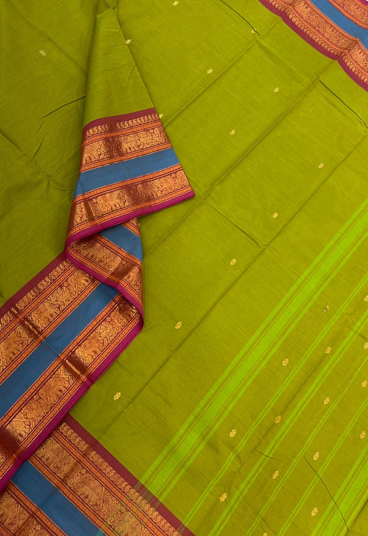 Kanchi soft cotton | parrot green x peach | rettaipet border