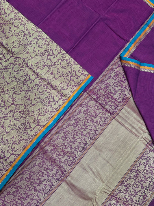 Pure Handloom Kanchi rich Cotton Saree | thread woven X  araibagam X vanasingaram | burgundy X blue  | intricate rich thread woven Pallu