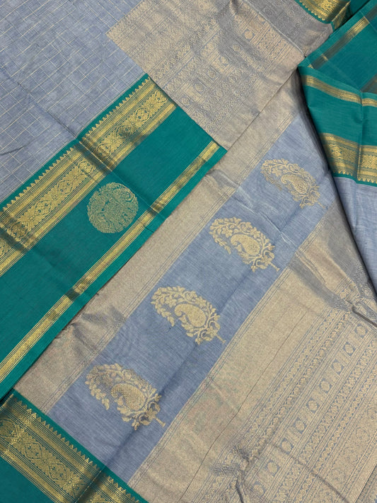 Pure Handloom Kanchi rich Cotton Saree | powder blue X teal blue | Yaanai X mayil