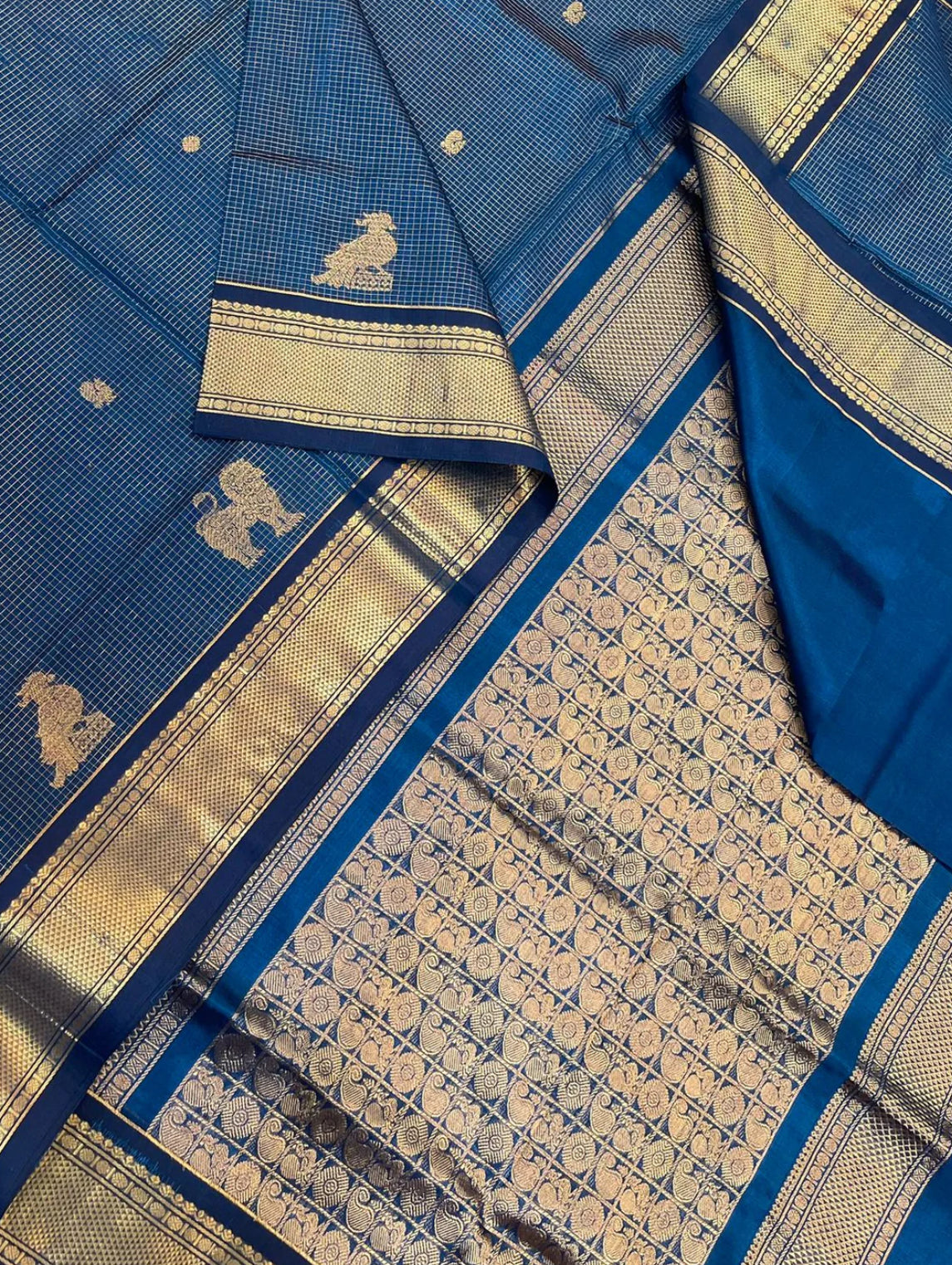 Kanchi Silk Cotton Sarees | luxury silk cotton | muthukattam X mayil shimmayhazli | blue X gold NKV37