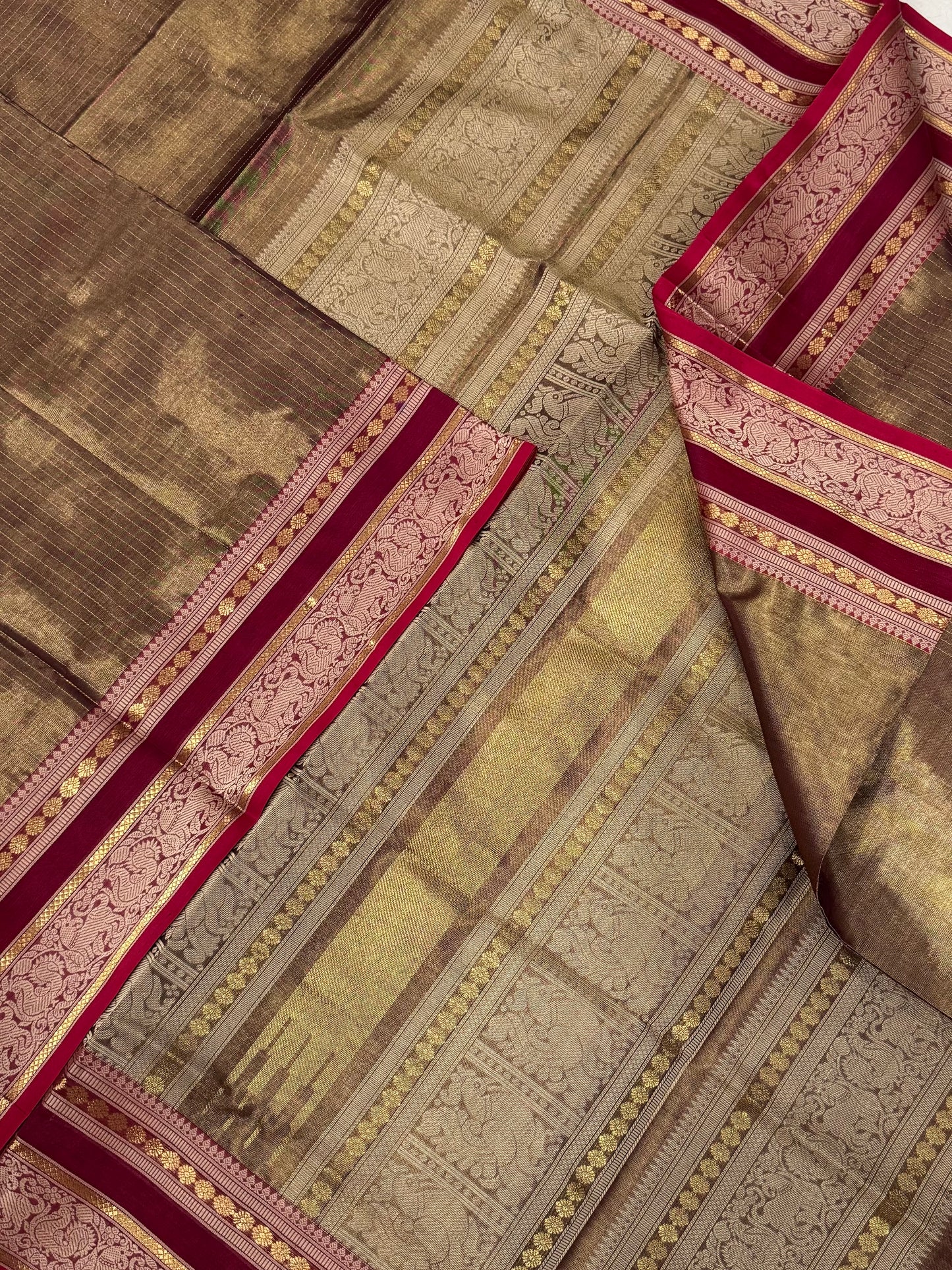 Kanchi Tissue Silk Cotton Sarees | vairaoosi X threads |  antique gold x cherry red | NKV100