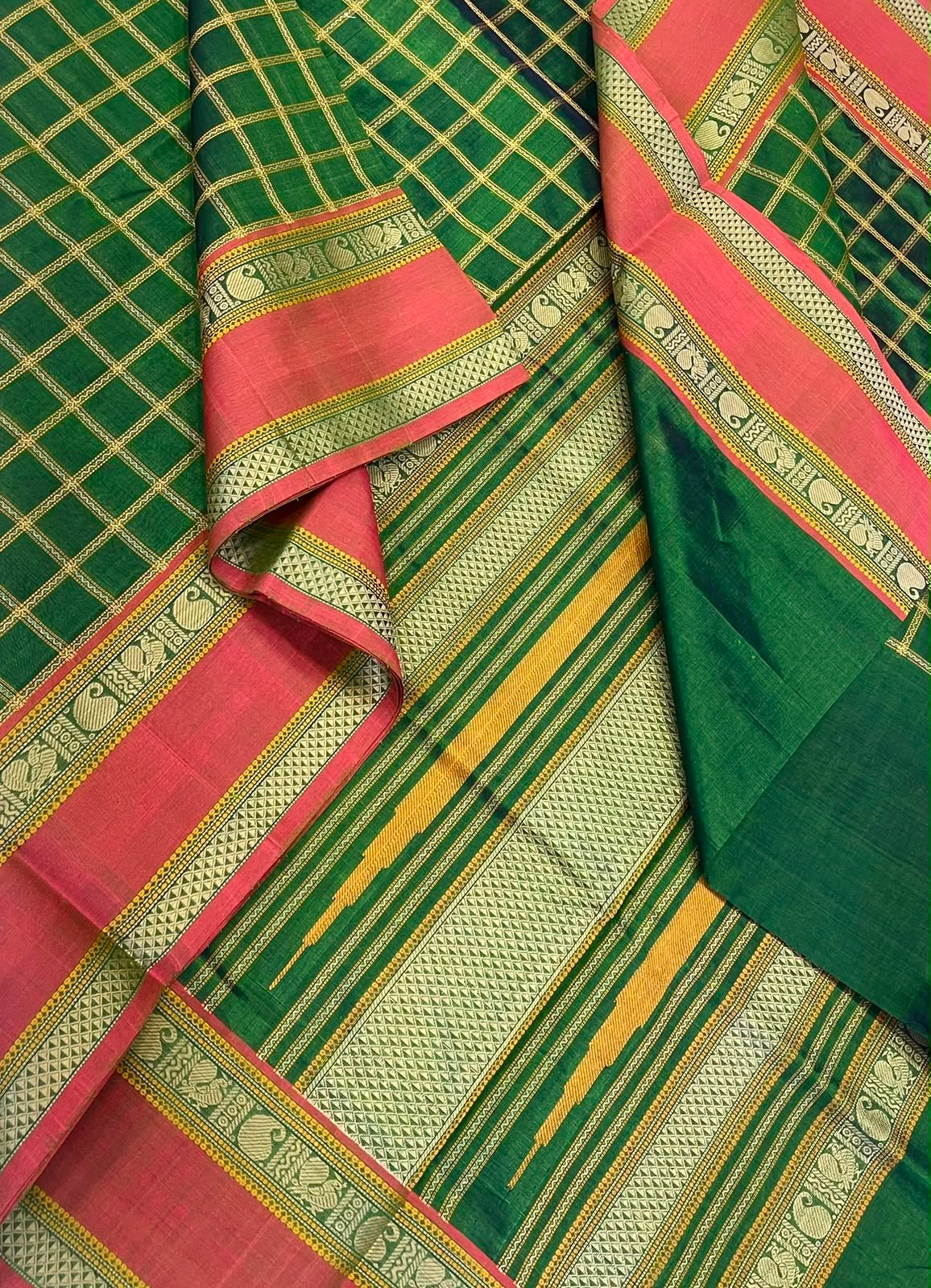 Kanchi Silk Cotton Sarees | silk cotton | thread woven neli kattam X rettaipet border |  vibrant green X brick