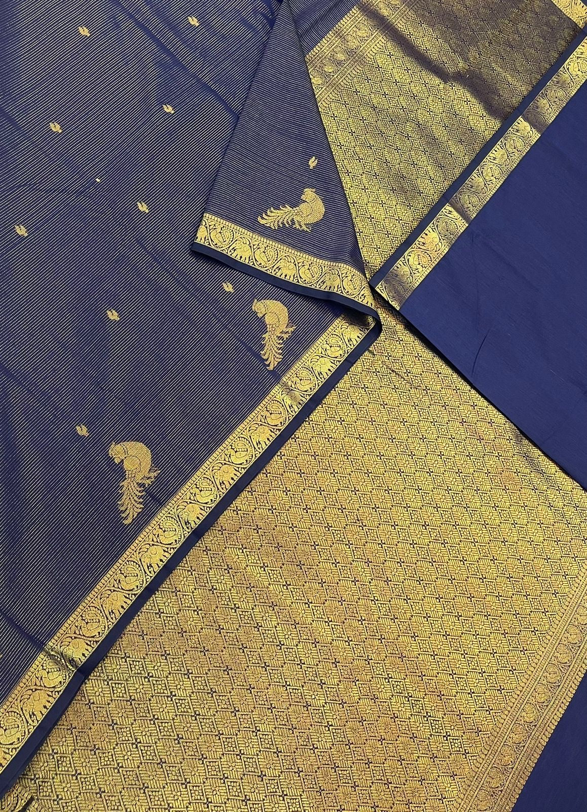 Semi Silk soft Cotton Sarees | vairaoosi X parrot x tiny zari border | blue X gold | NKV11