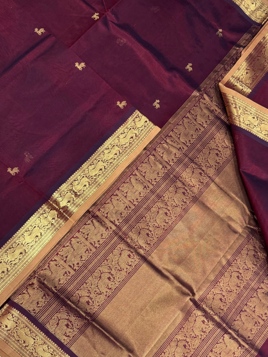 Kanchi Silk Cotton Sarees | luxury silk cotton | tiny border | marron x pastel yellow