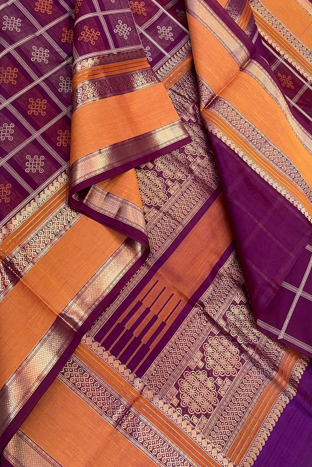 Kanchi Silk Cotton Sarees | 1000 kolam butta  X rich zari pallu X zari rettaipet border | burgundy X orange