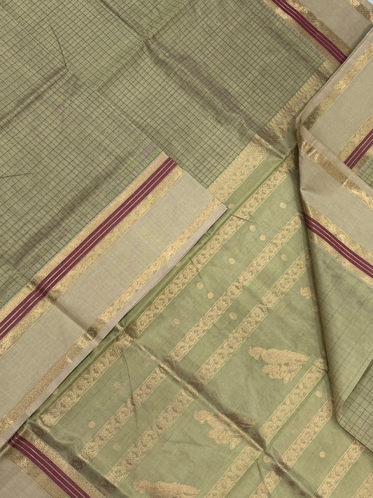 Kanchi Silk Cotton Sarees | 1000 BUTTA x killi pallu |  pastel green  X red | NKV31