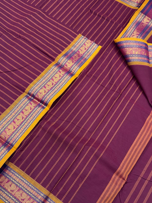 Kanchi soft cotton | burgundy X yellow  | vertical veldhari X zari border