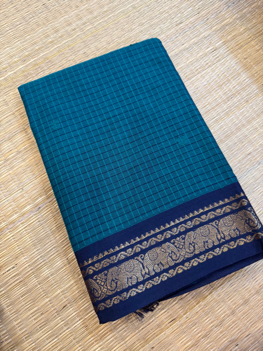 Kanchi soft cotton | peacock blue x navy blue | kattam x tiny Zari border